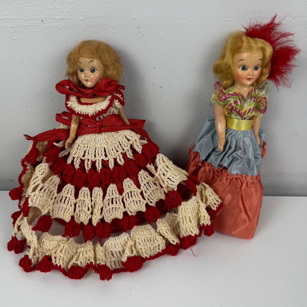 Vintage 1950s Hard Plastic Souvenir Dolls Sleep Eyes Red Crochet Dress Set of 2